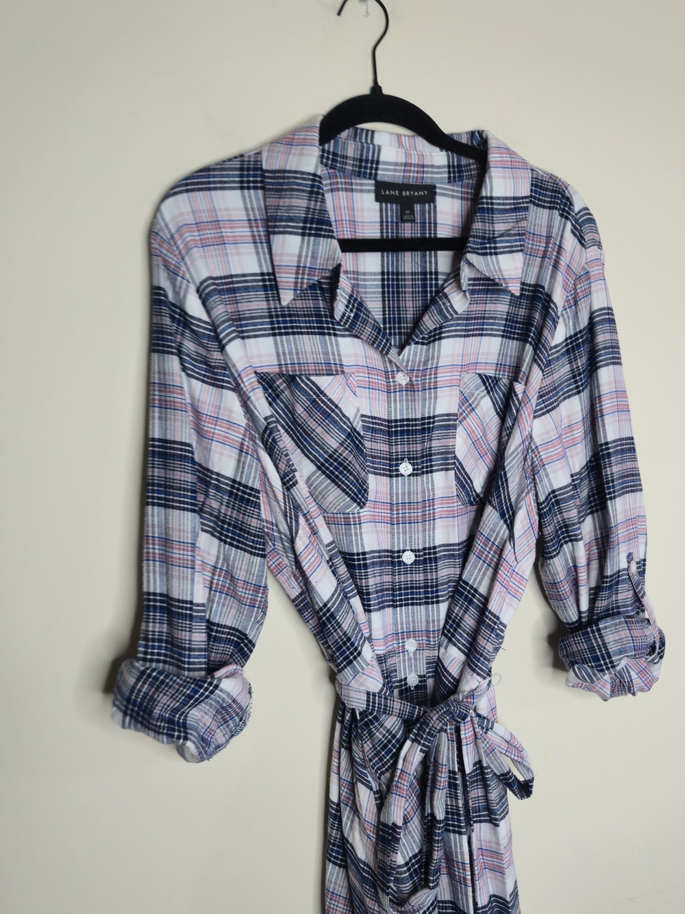 Lane Bryant Plaid Shirt Dress Size 20 Pink Blue Midi Button Front Tie Waist Plus - Picture 7 of 9